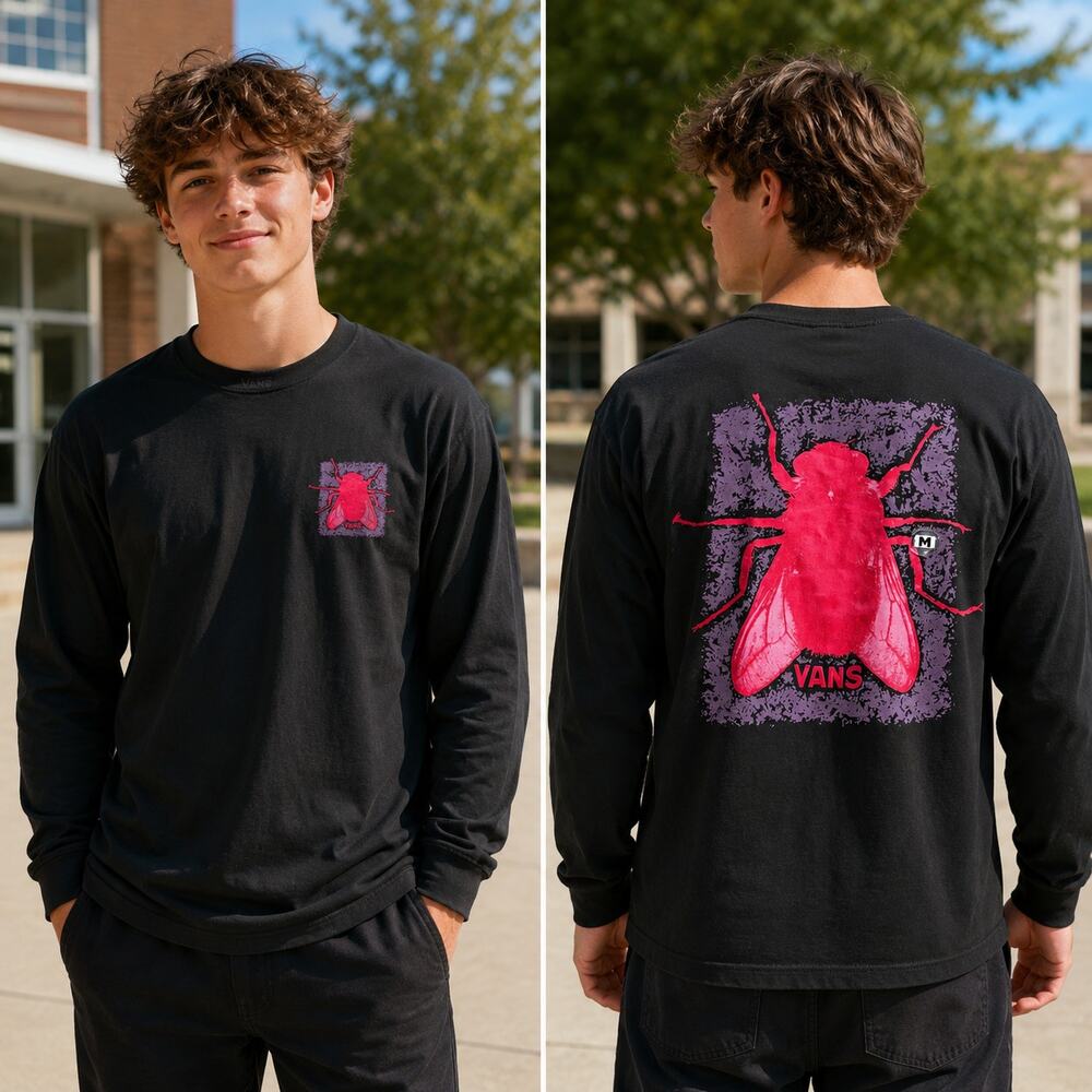 Vans Black Long Sleeve Graphic T-Shirt Red Fly Bug Logo Streetwear Men’s Medium
